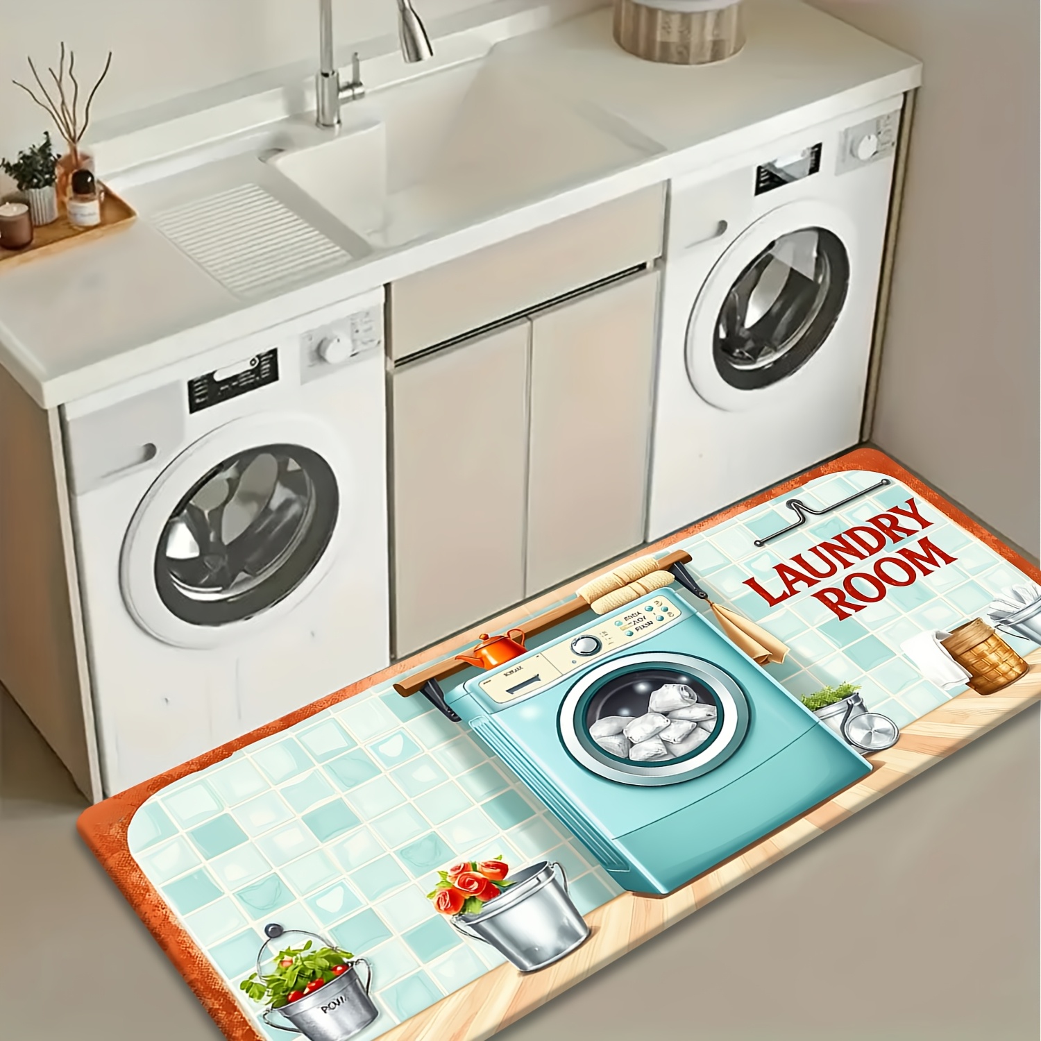 Commercial Kitchen Tile Flooring - Retro Tile Washer Utensil Print Cozy